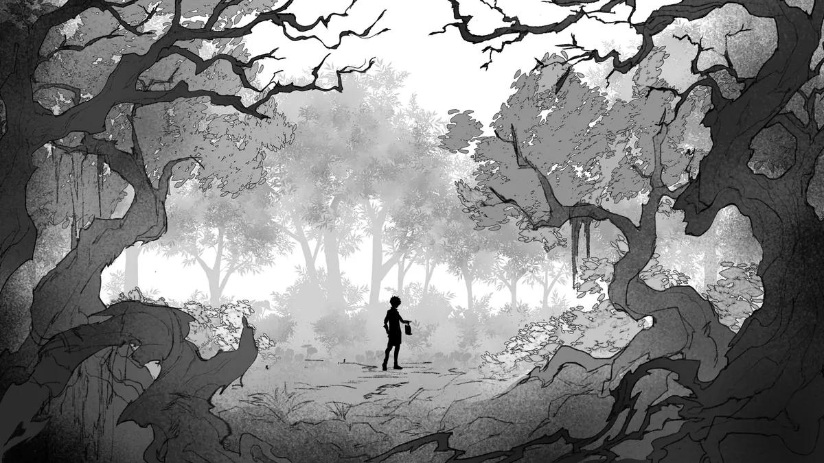 Seorang pejuang berjalan memasuki hutan berkabut